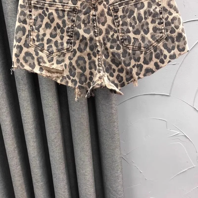 Personalized Leopard Print High Waist Denim Shorts Women's Summer Fashion A Word Rough Edge Wide Leg Jeans Hot Pants
