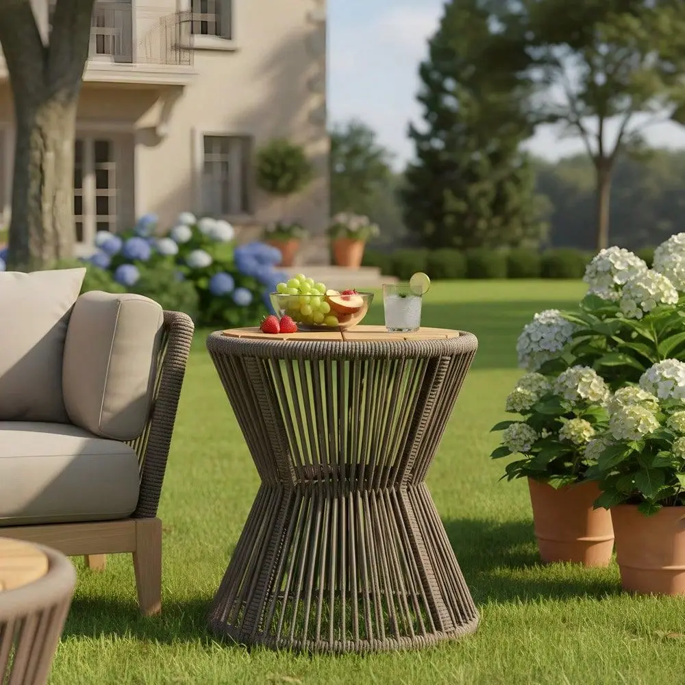 

Outdoor Side Table, Dark Grey Rope Acacia Wood, 18.90 Height, 16.14 Diameter, Elegant Hour Glass Design, Weather Resistant, For
