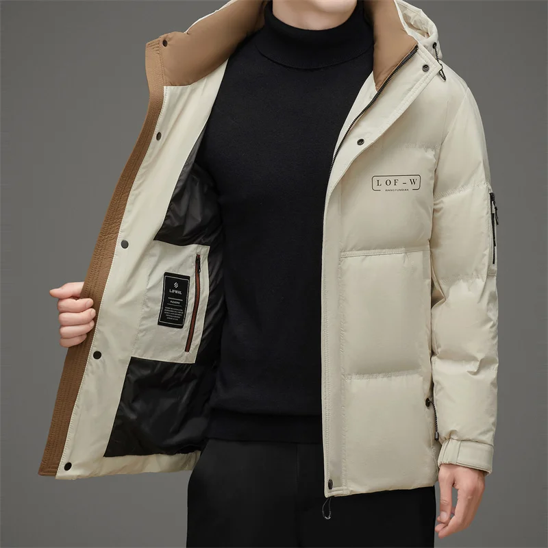 Winter Men Black Beige Puffer Parkas Thermal Thick Hooded Coat Male Casual Cosy Outerwear White Down Puff Overcoat Male Outfits