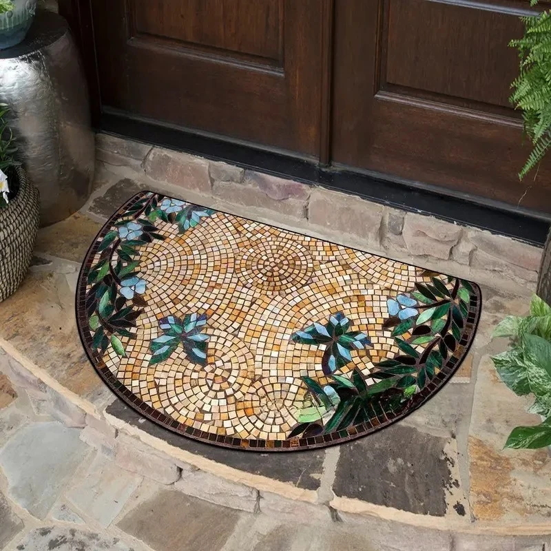 Vintage Semi-Circle Crystal Velvet Doormat, Non-Slip Washable Entryway Rug for Home Front Door, Durable Anti-Dirt Floor Mat