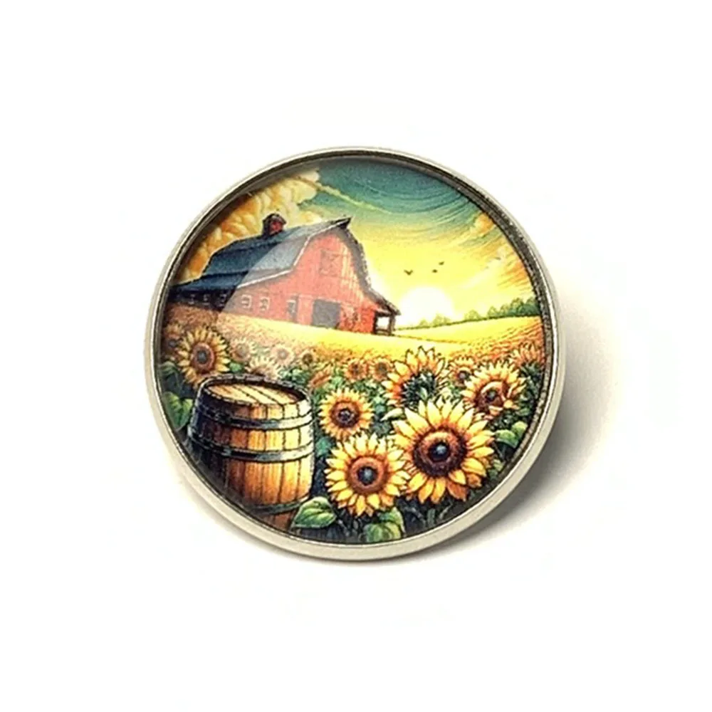 20pcs/lot Sunflower Time Gem Brooch Rural Scenery Country House Pin Vintage Badge Retro Accessory Clothing Bag Lapel Decor Gift