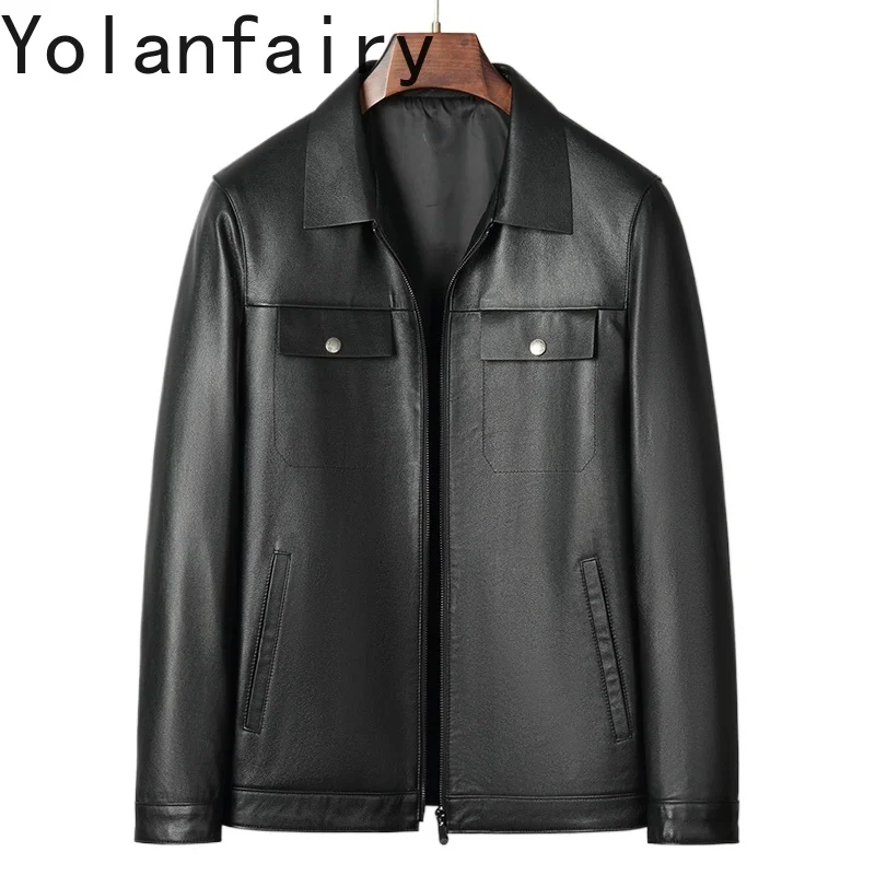 

YOLANFAIRY Spring Autumn Genuine Cow Leather Jackets Man Short Business Casual Cowhide Leather Coat Men Jacket Turn Down Collar
