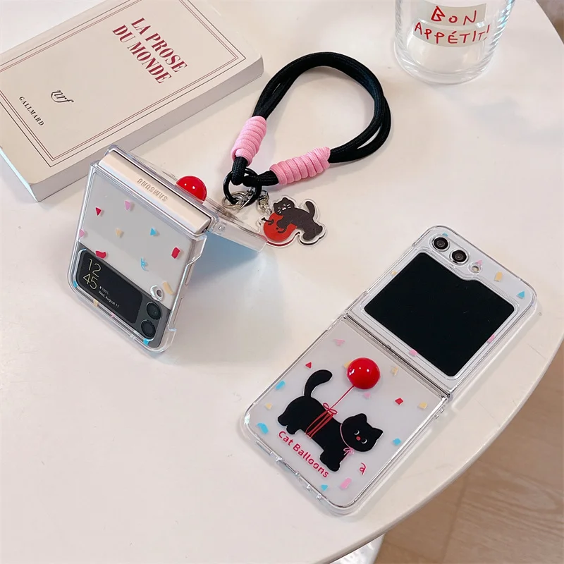 Clear Cute Cat Phone Case For Samsung Galaxy Z Flip 6 5 4 3 Cover with Hand Rope Strap Cartoon Hard Cases For Z Flip5 Flip4 5G