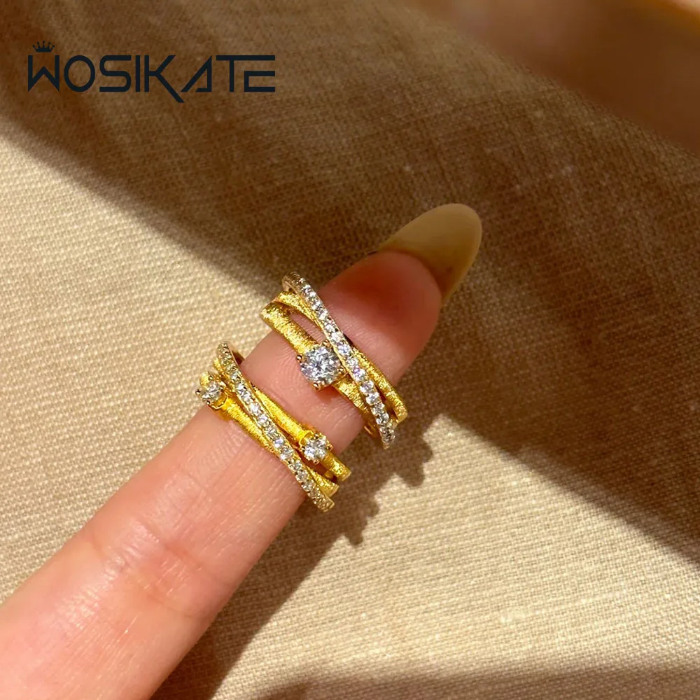 WOSIKATE Light Luxury Versatile Brushed Micro Set Zirconia Triple-wrap Cross Ring For Women With Gold-plated Fashion Jewellery