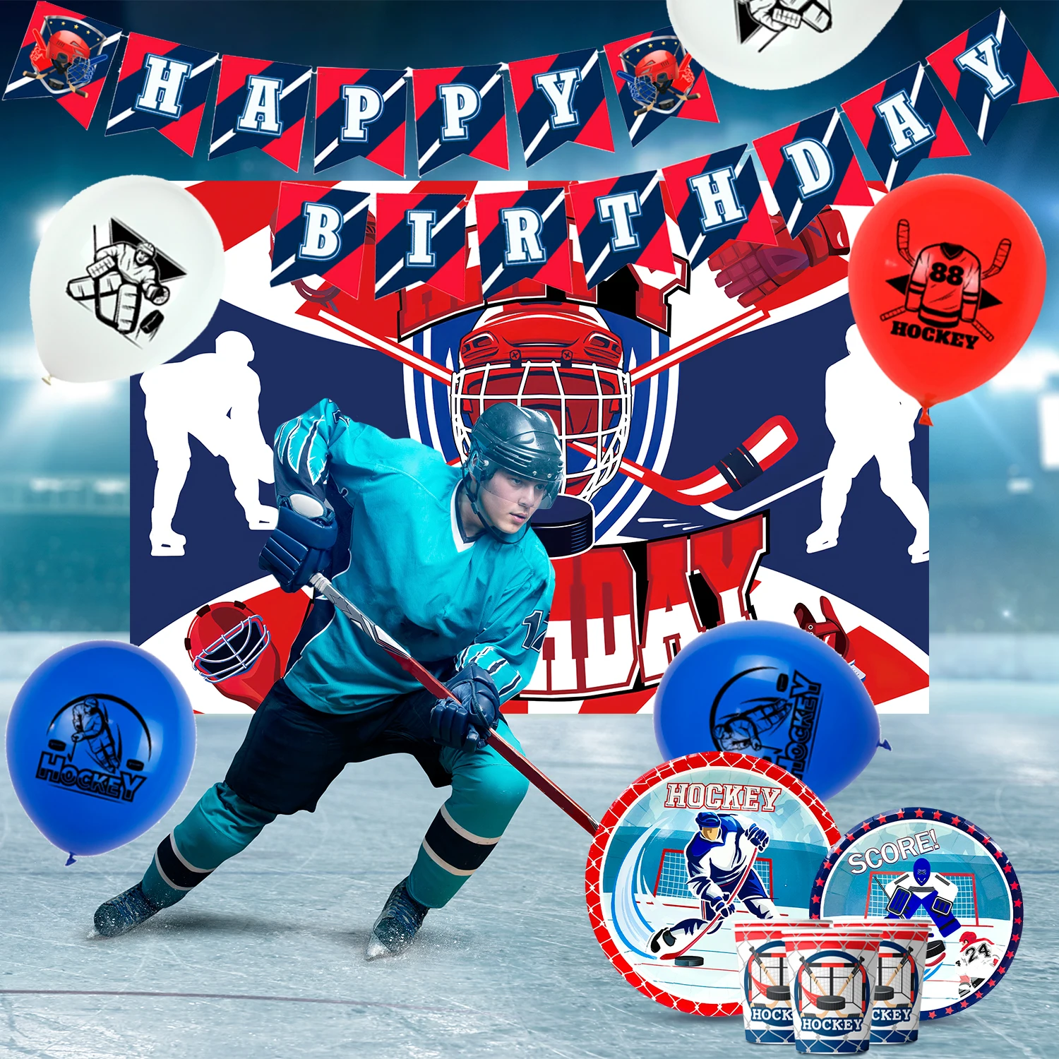 168 Pcs Hockey Party Decorations&Hockey Tableware Set-Balloons Banner Backdrop Tablecloth etc Ice Hockey Birthday Party Supplies