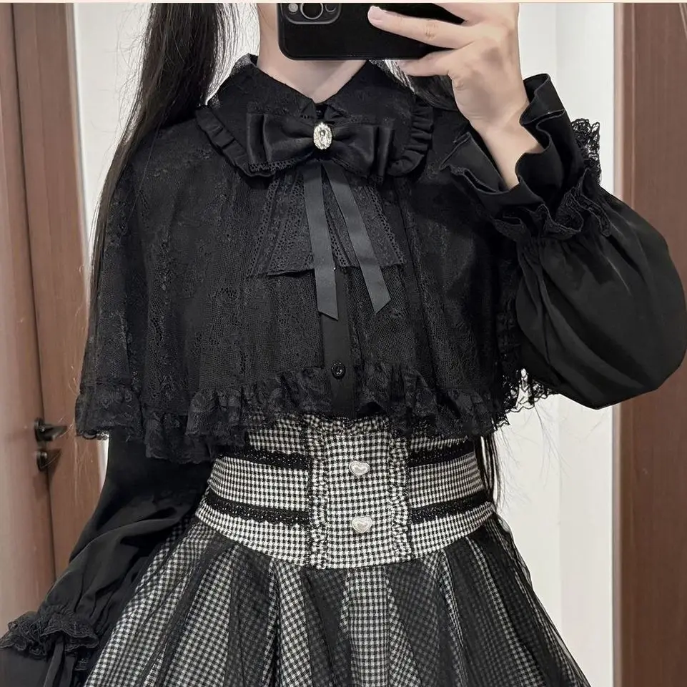 Japanese Stye Lolita Lace Patchwork Shirt Woman Long Sleeve Elegant Sweet Tops Harajuku Fahsion Y2k Princess Blouse Woman