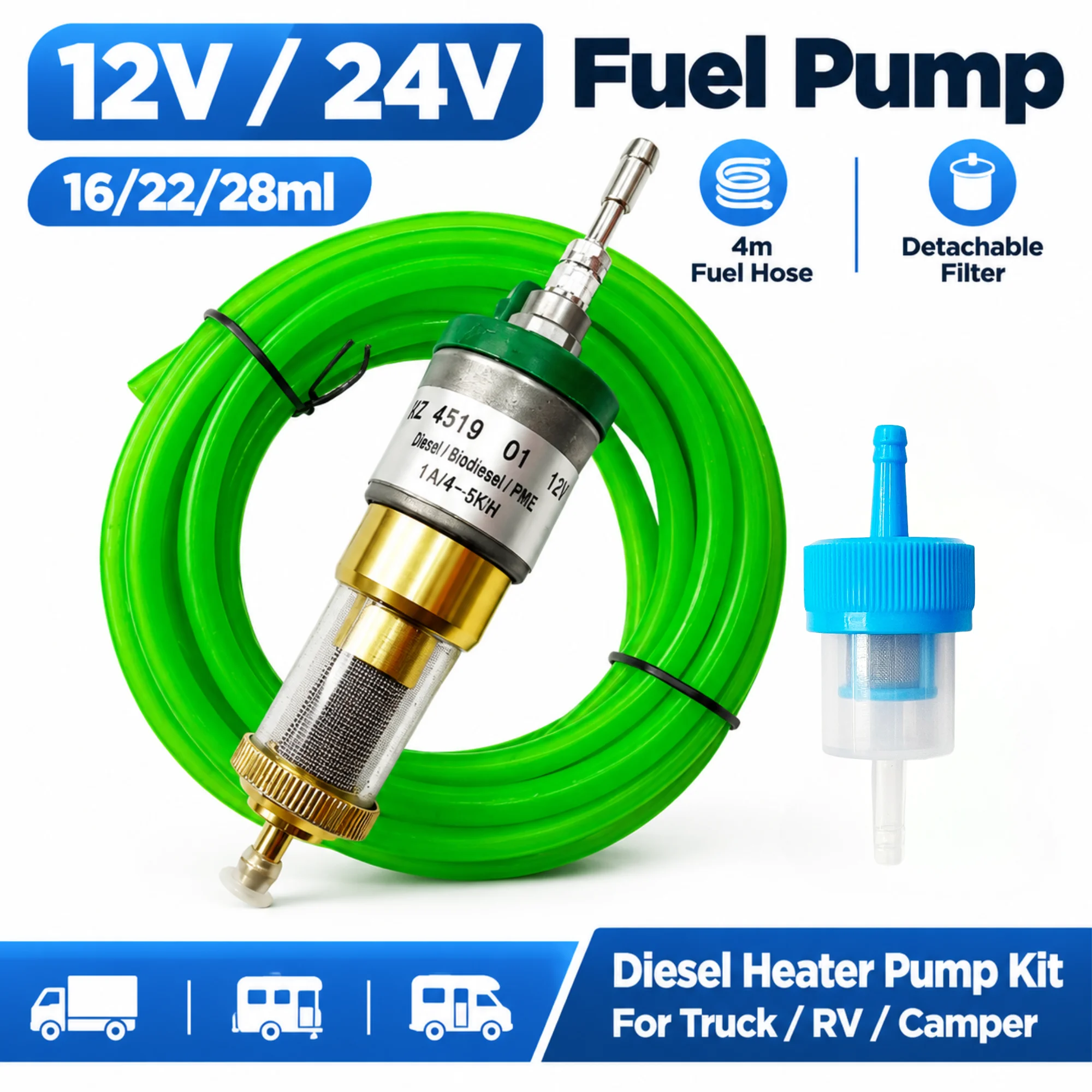 16/22/28ml 12V 24V Diesel Air Heater Fuel Pump + 4M Fuel Line + Removable Filter for 1-5KW Eberspacher