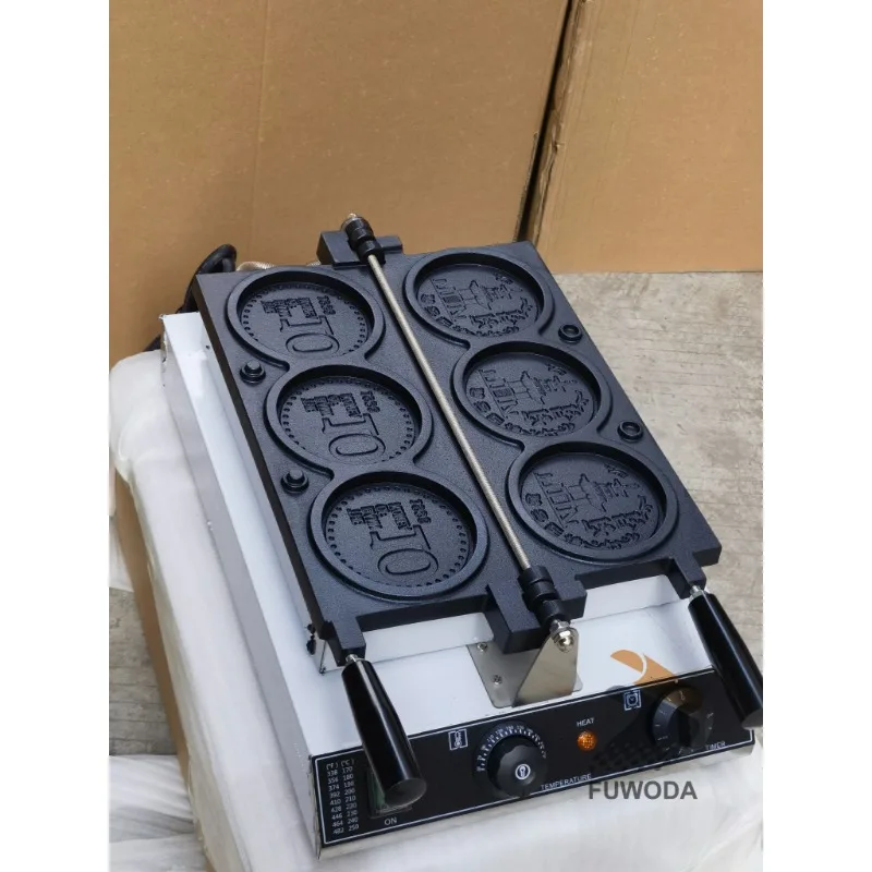 آلة الوافل الجبن الخبز الكرتون عملة الشمعدانات صانع الوافل معدات الوجبات الخفيفة التجارية 3 قطعة طلاء غير عصا العملة الذهبية الكورية