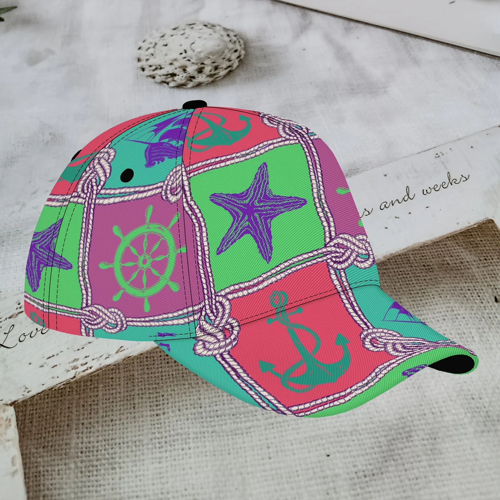 Nautical Patchwork Print Baseball Cap Colorful Starfish Anchor Pattern Adjustable Dad Hat Breathable Sun Hat for Men Women