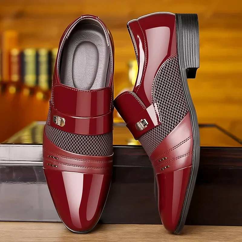 Classic Business Dress Men Shoes Formal Slip On Dress Shoes Mens Oxfords Footwear Elegent Leather Shoes For Men Loafers Wine Red