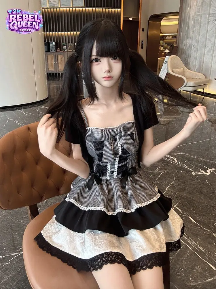 Coquette Sweet Y2K Camisole Dress Set Women Striped Bow Lace Trim Cropped Cardigan Ruched Slim Fit Mini Dress Party Outfit