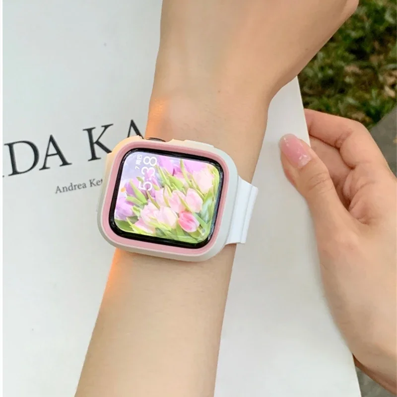 Cute pink white case strap for Apple Watch 41mm 49mm 45 38 40mm 42 44 wave soft silicone band for iWatch Series 9 8 7 SE 6 5 4