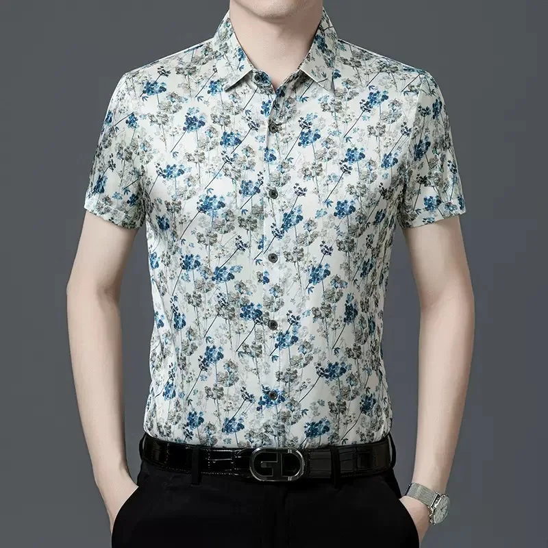 New Summer Fashion Trendy Printed Breathable Mulberry Silk Short Sleeve Shirt Men's Casual Loose Fit Sports High Quality Shirt