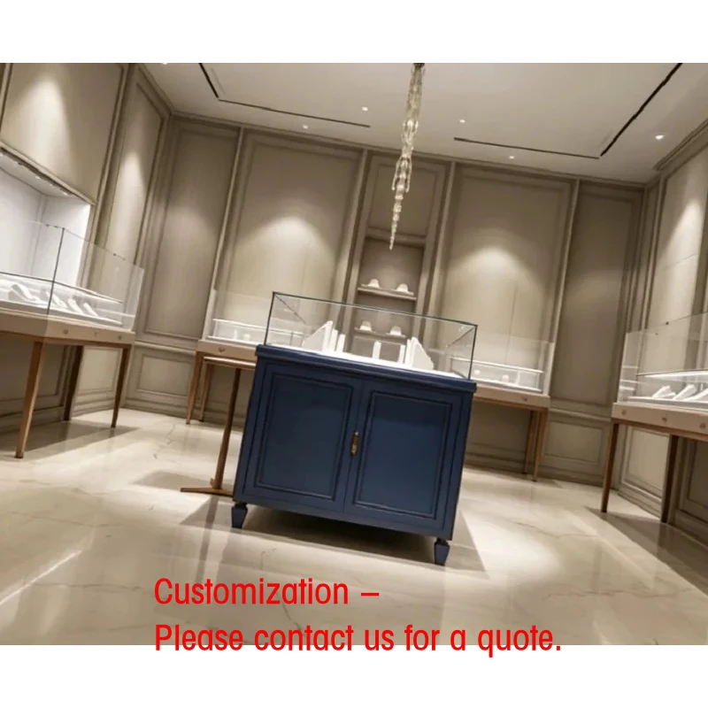 custom.French Vintage Style Navy Blue Jewelry Display, Premium Glass Showcase with LED Lighting High-End Jewelry Boutiq