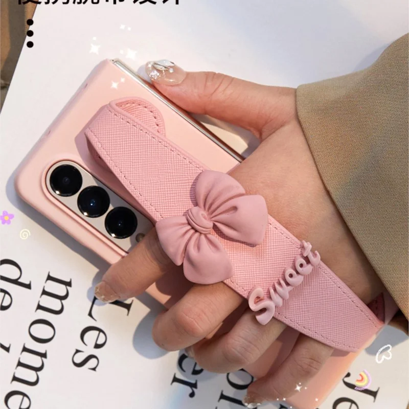 For Samsung Galaxy Z Fold 7 6 5 4 3 2 5G Phone Case Fashion Cute Bow Wrist Band Bracket Pink Matte Cover