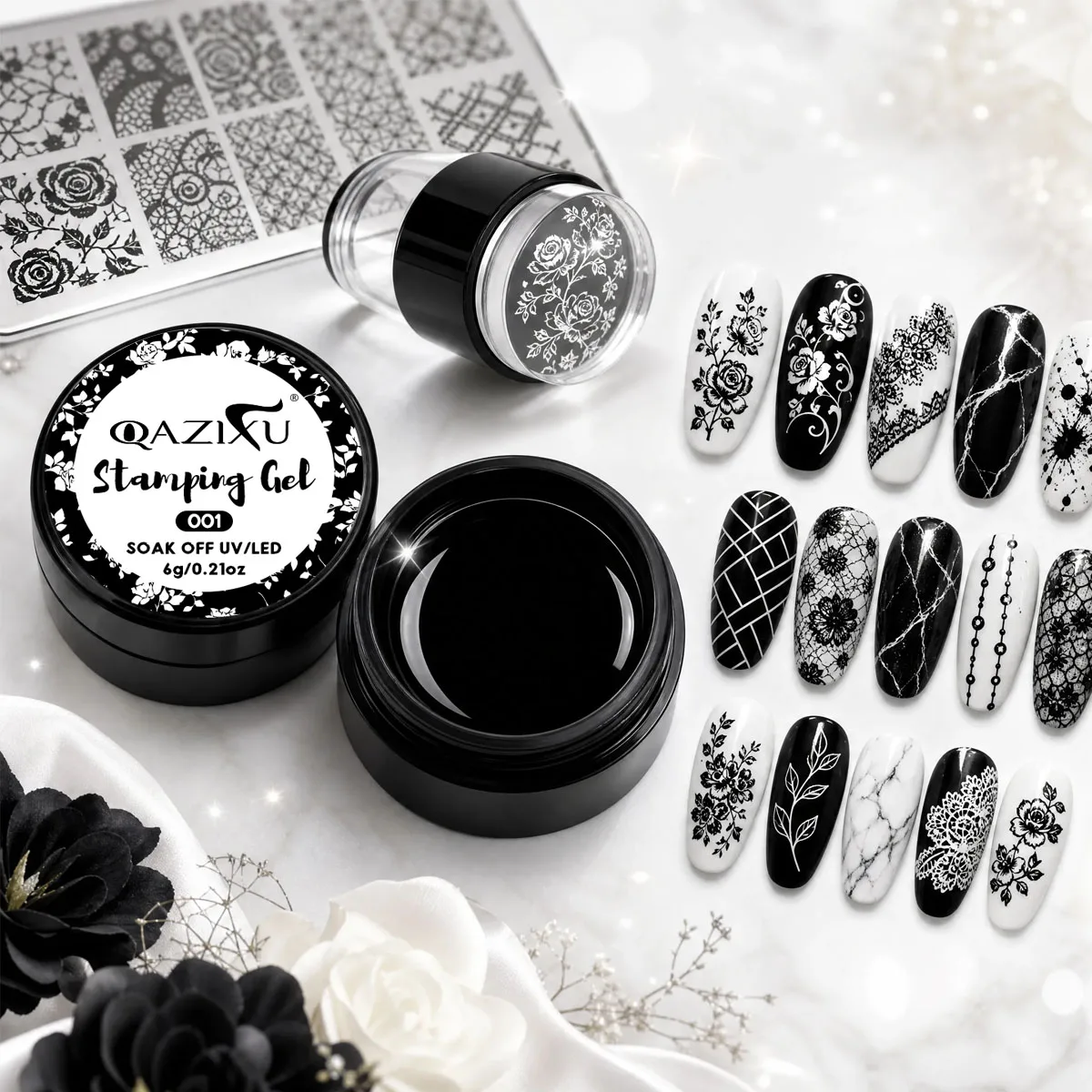 QAZIXU Black & White Stamping Gel Polish Set Transfer Nail Art for Plate Design Semi Permanent Soak Off UV LED Manicure Tool - view 5