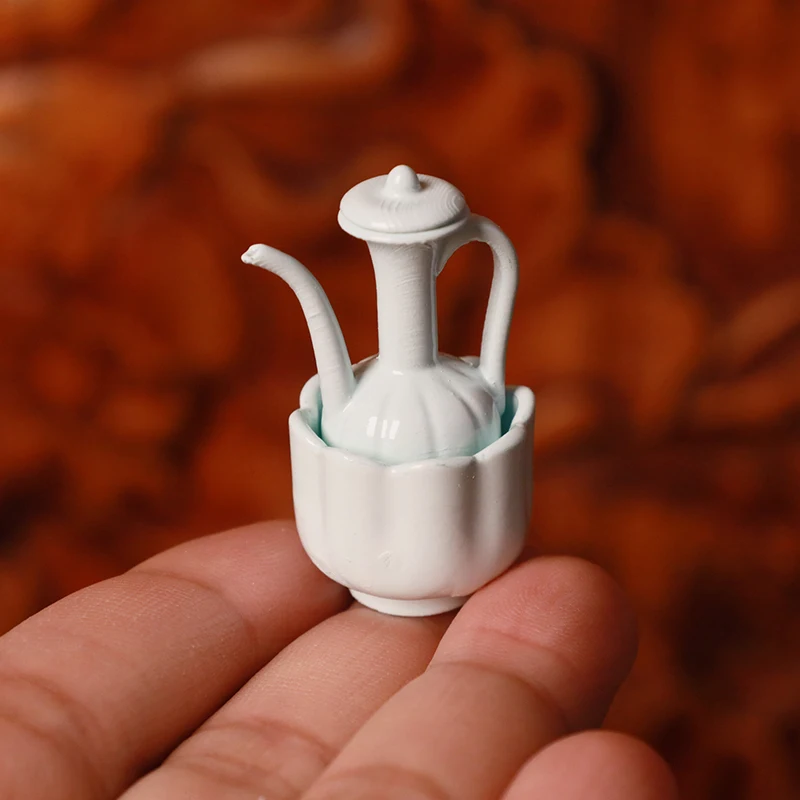 Domek dla lalek Mini chiński antyczny styl imitacja dynastii Song celadon ręcznie robiony czajnik filiżanka model akcesoria do kuchni domku dla lalek