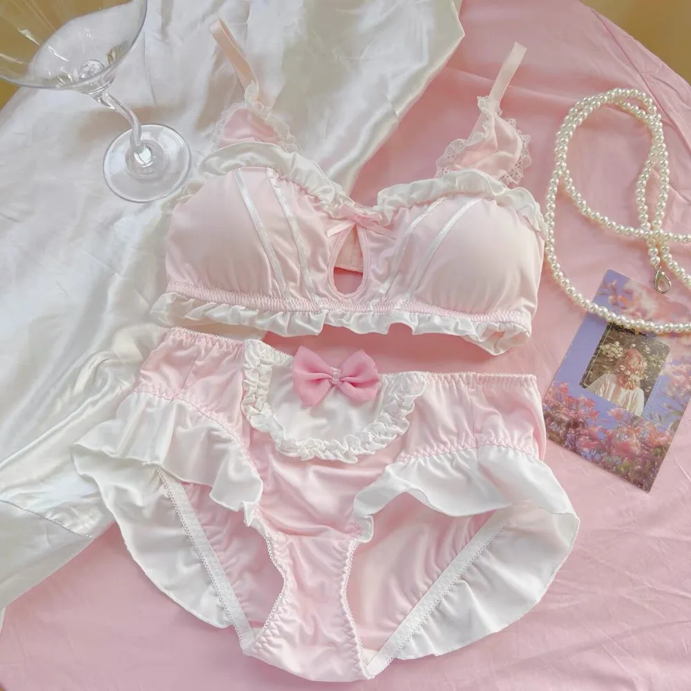 MOYISU Cute Rabbit Ear Japanese Bra Panty Set Wireless Thin Triangle Cup Soft Underwear For Small Bust Teen Girls Daily Wear