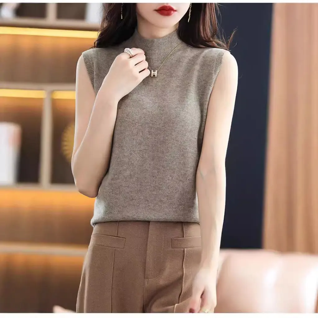 

Women's Slim-fit Sleeveless High Neck Thin Vest Pullover Knitted Base Shirt Outer Wear Top Half-high Neck Inner Sweater