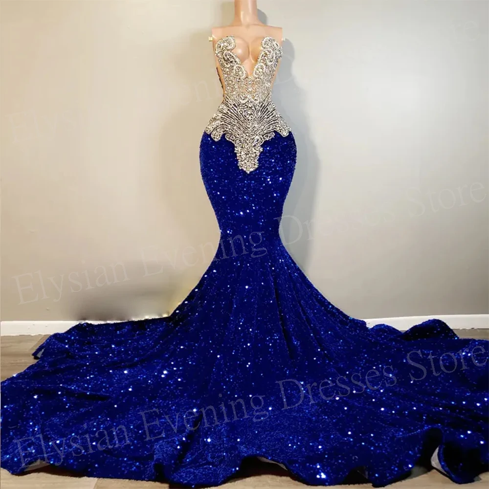 Exquisite Blue Women\'s Mermaid Modern Evening Dresses Crystals Sequined Customized Prom Gowns Shiny Vestidos De Noche Elegantes