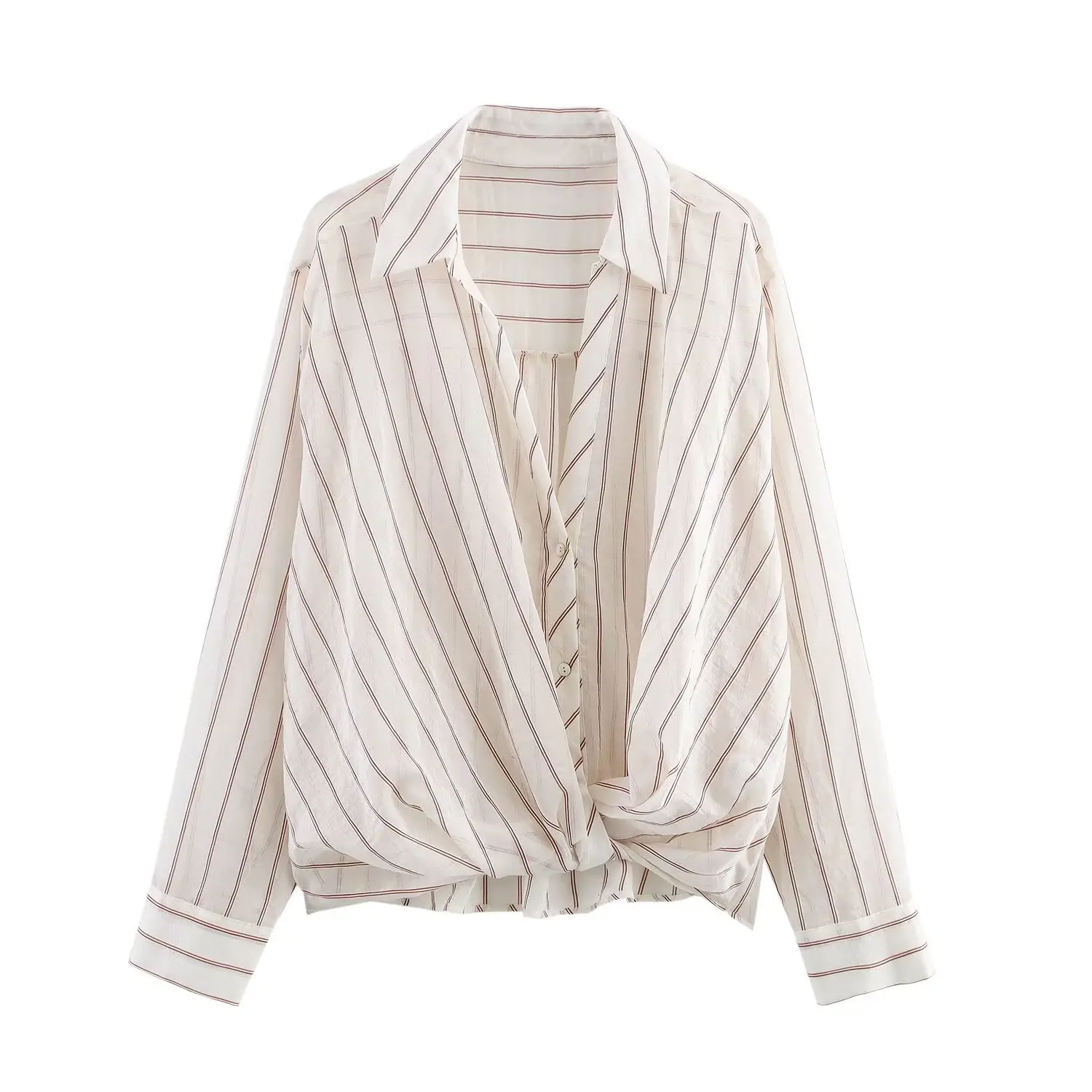 Spring Autumn Women CHIC Lapel V Collar Open Buttons Stripes Print Long Sleeve Shirt Kick Bow Hem Pullover Blouses Loose Tops