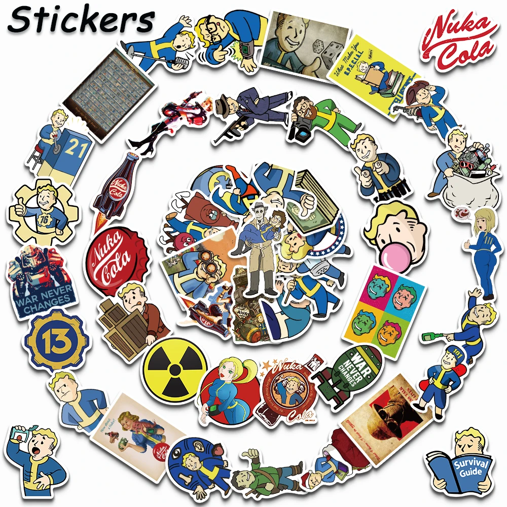 Fallout Py Playing Game Stickers, Autocollants étanches, Planche à roulettes décorative, Réfrigérateur, Boîte à outils, Ordinateur, Bricolage, Cool, 50Pcs