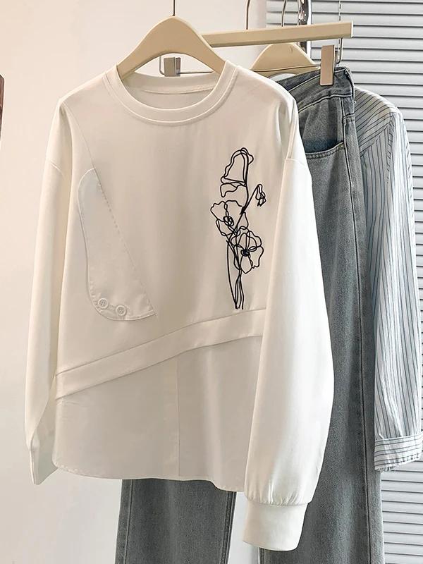 

Корейская футболка с вышивкой Sle Long Sve, женская осенне-зимняя цветная блузка, антивозрастная универсальная толстовка