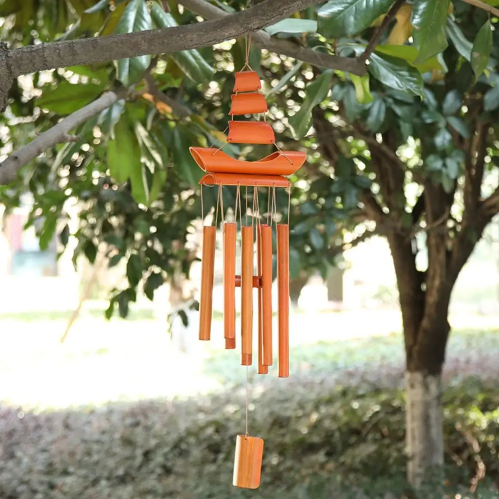 Creative Bamboo Sailboat Shaped Wind Chime Handmade Natural Ring Home Decor Wind Chime Hanging Ornament Outdoor Yard Wind Bell