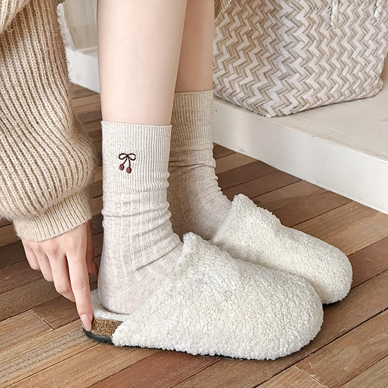 Socks For Women New Breathable Simple Girls Bow Embroidery Socks Japanese Frilly Style Cute Basic Ladies Solid Color Soft