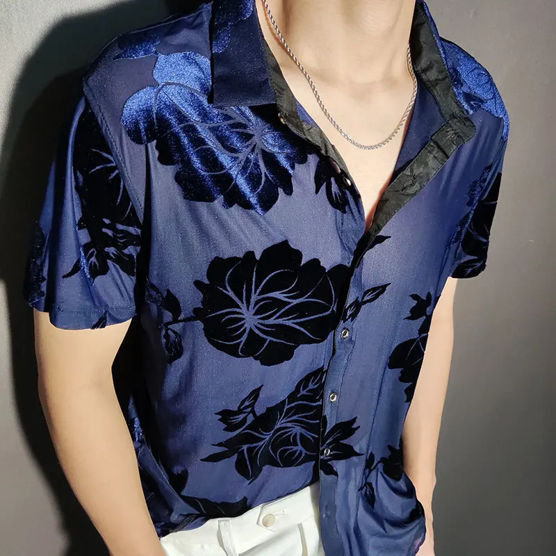 2023 Top Blouse Social Club Outfits Party Designer Shirt Fashion Velvet Flower Shirt Men Transparent Short Sleeve Sexy Shirt Red