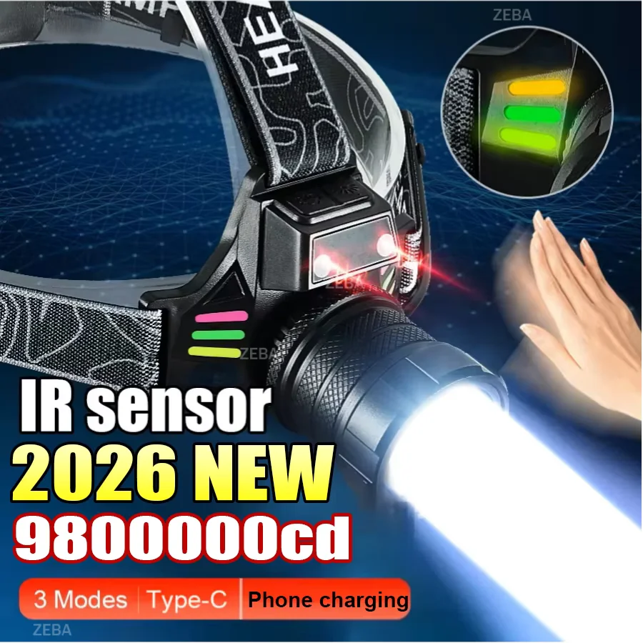 2026 1500W LED Headlamp 6000M Long Shot Motion Sensor Headlight COB Warning Light USB Rechargeable Head Lamp for Fishing Camping