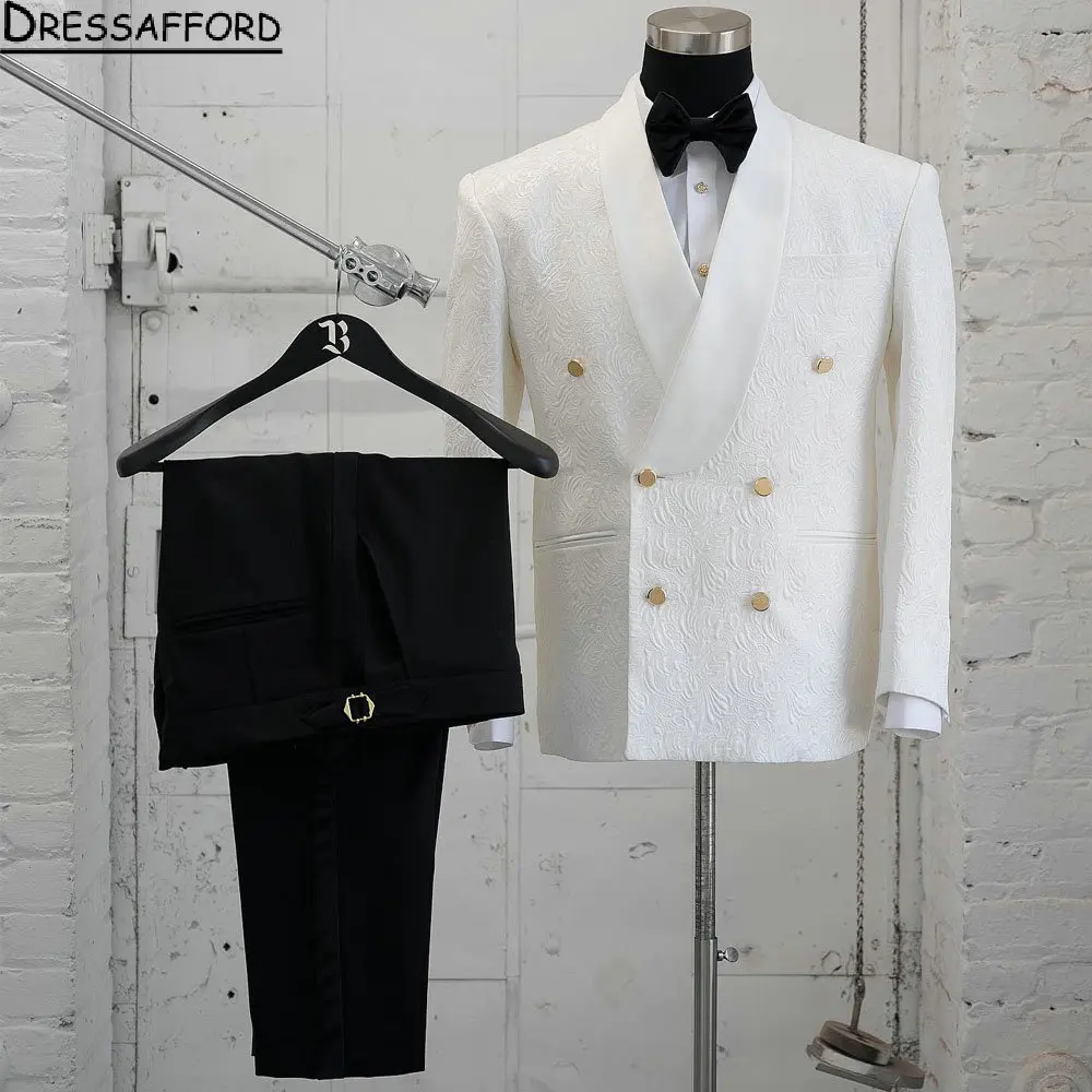 White Jacquard Men Suits 3 Piece With Vest Fashion Business Casual Wear Party Wedding Groom Tuxedo Jacket Pants