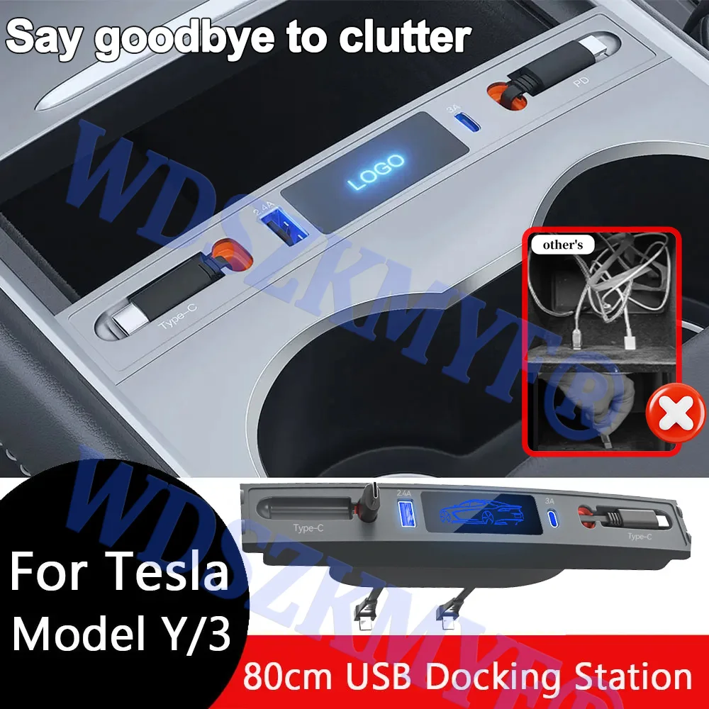 

Док-станция для Tesla Model 3/Y, 27 Вт, быстрое зарядное устройство, USB светодиодный шунтовый концентратор, удлинитель центральной консоли, 4 порта, умный датчик 2023