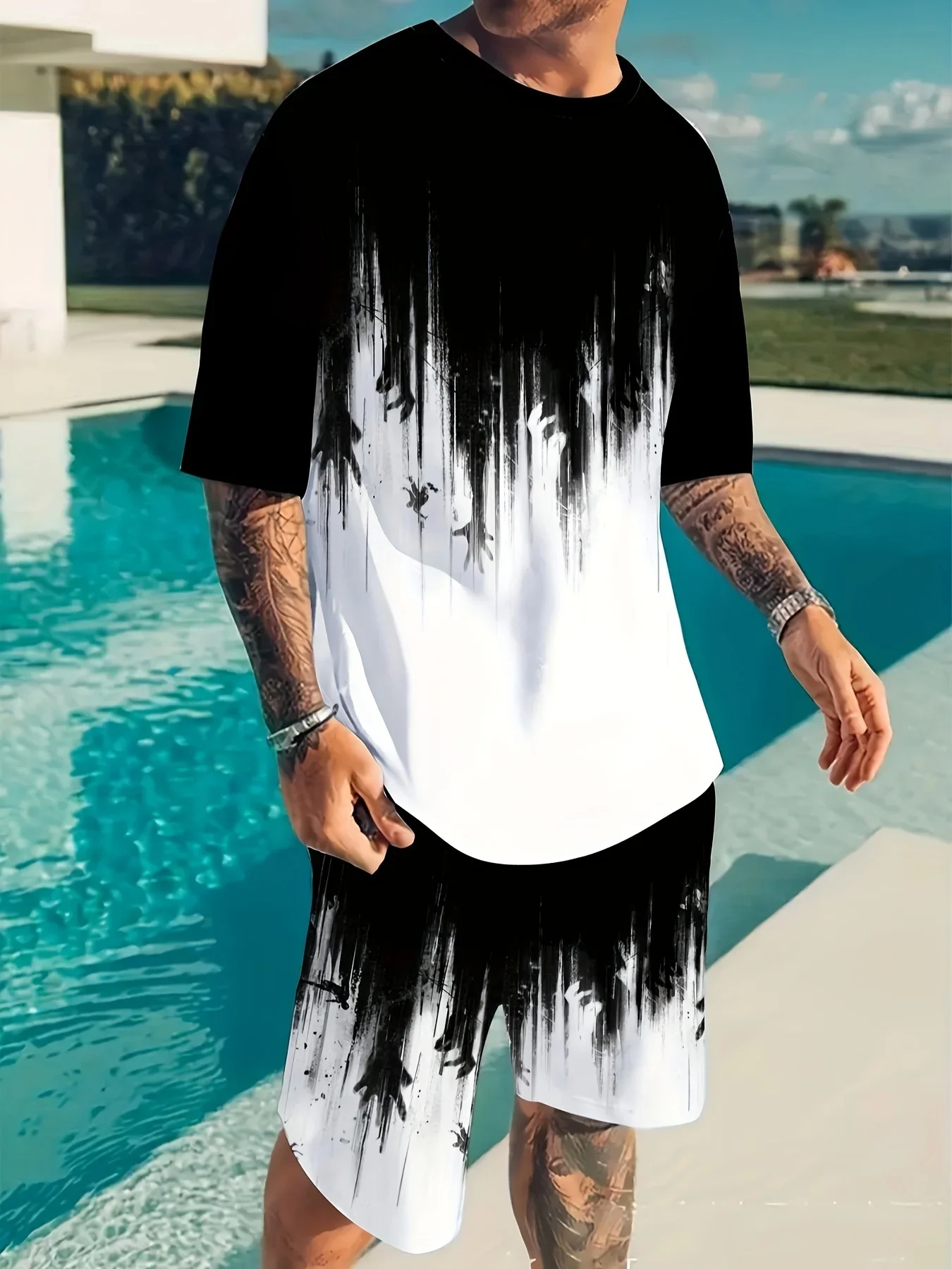 

Мужской повседневный комплект домашней одежды из 2 предметов с графическими футболками, шортами и спортивным костюмом — удобный и стильный