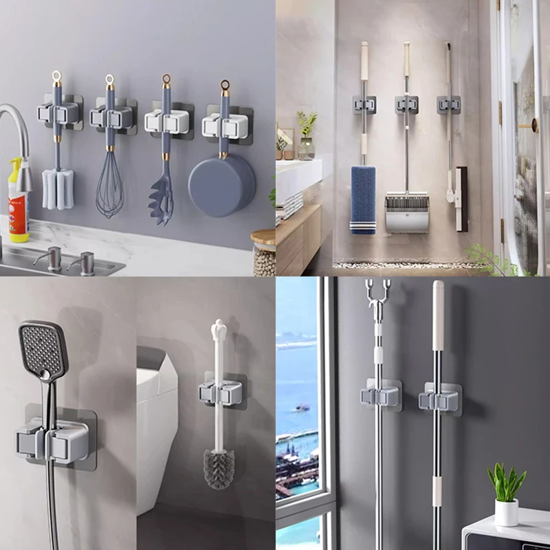 2/3/5Pcs Multi-Purpose Hooks Strong Adhesive Wall Hanging Mop Storage Rack Broom Hanger Bathroom Mop Fixing Clip