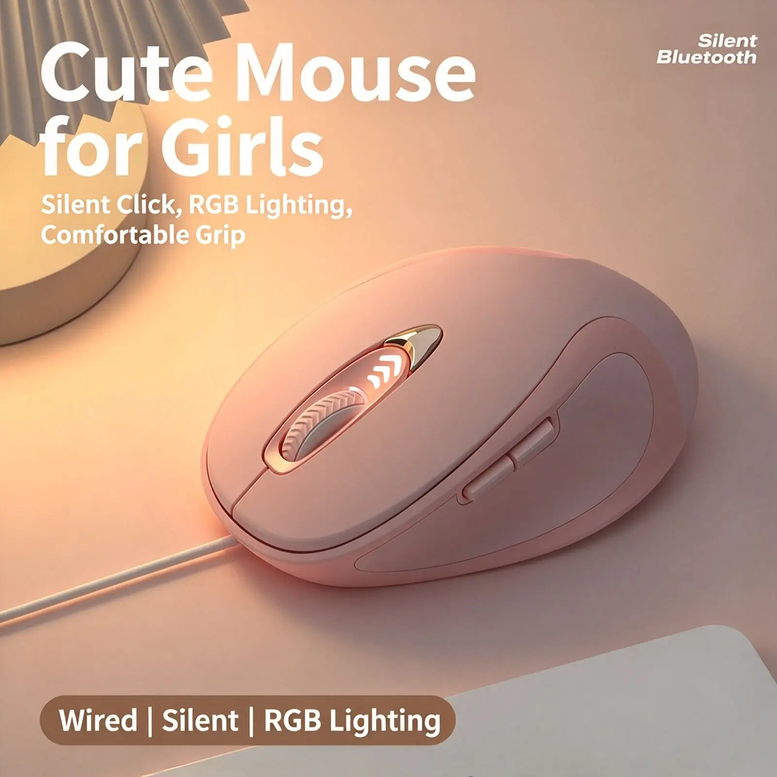 Wired USB Mouse G-258-E Silent Click RGB Light Ergonomic 6 Buttons Mice 3 Level DPI Adjustable Cute Pink Office Mouse For Laptop