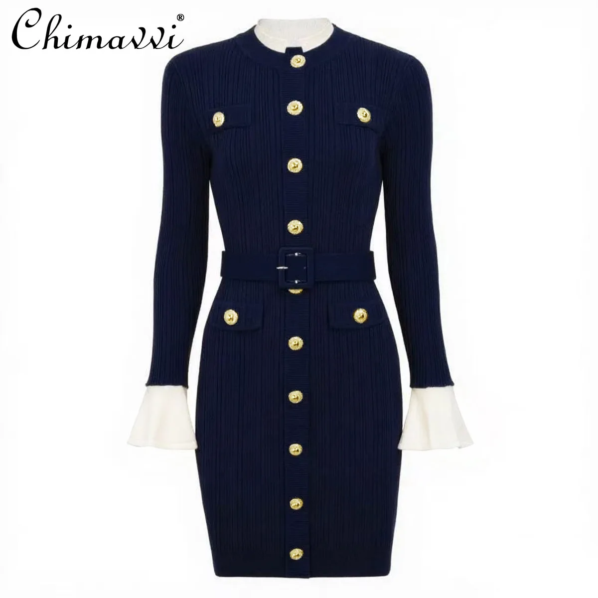 

2025 Spring and Autumn New Commuter Fashion Long Sleeve Round Neck Belt Knitted Dress Slim Fit Elegant Women's Short Dress