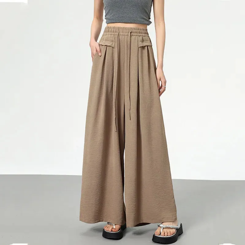 

Summer Thin Wide Leg Pants Women Fashion High Waist Baggy Korean Solid Casual Trousers Loose Drawstring All-Match Straight Pants