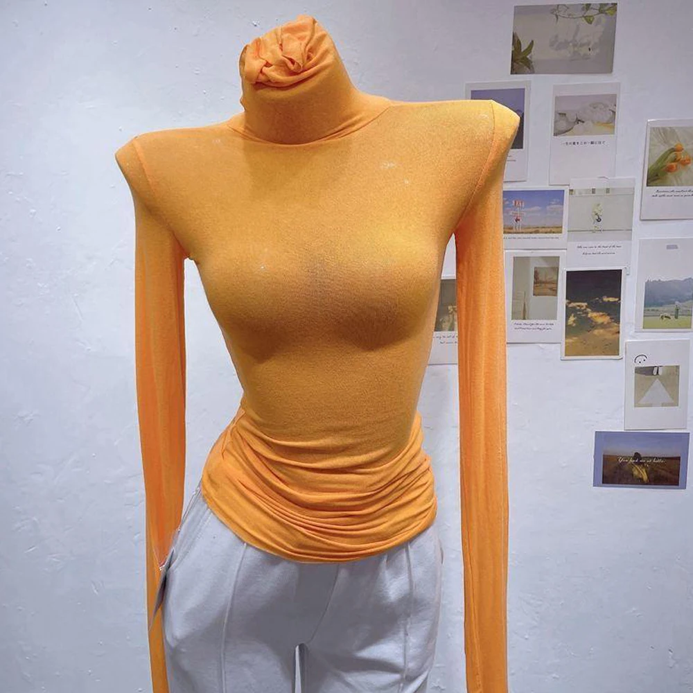 

High Neck Long Sleeve T-Shirt Black Purple Blue Green Rose Slim Stretch Solid Color T Shirts In 8 Different Colors Top Clothing