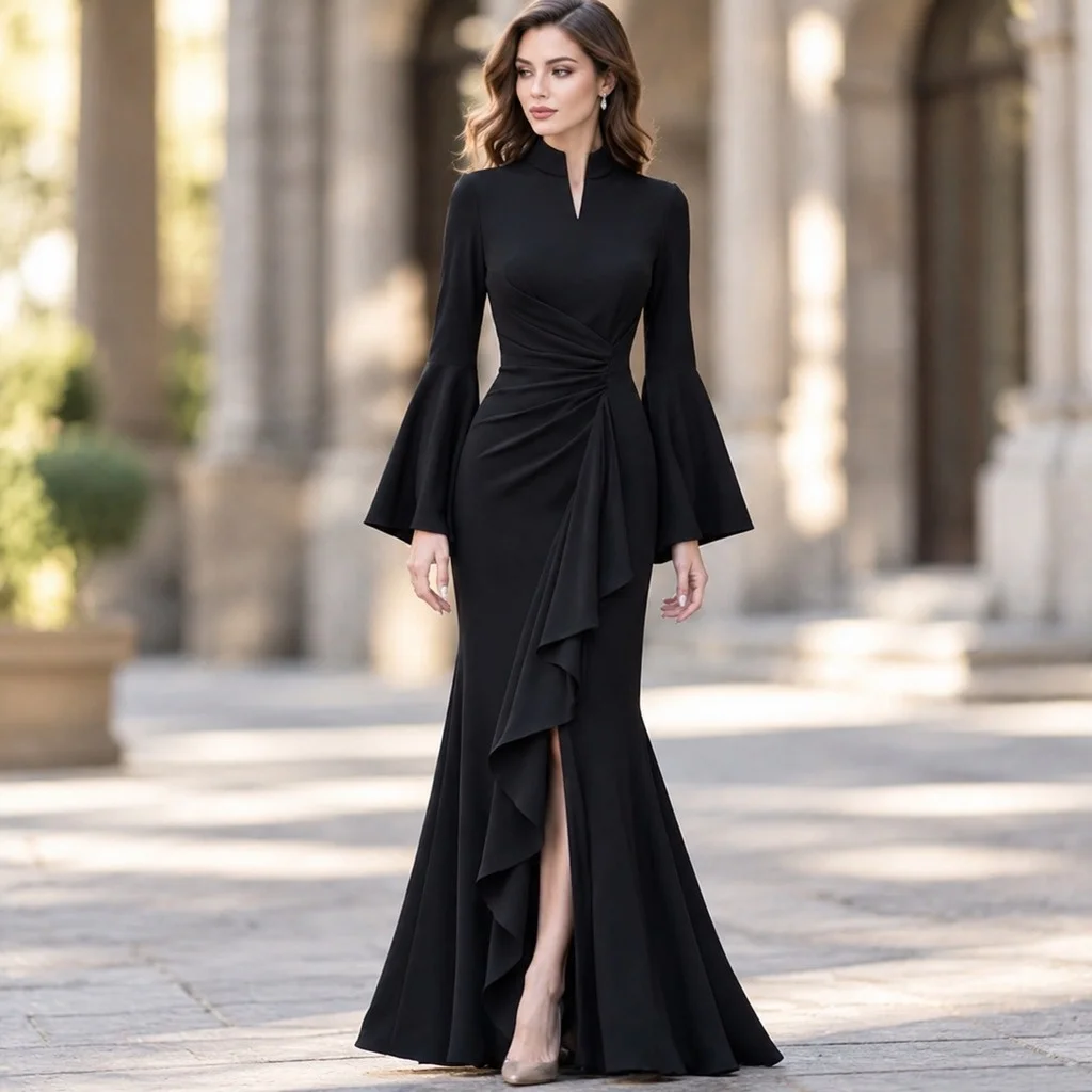 Pleated Slit Gown Mermaid Silhouette Elegant with Long Dress Seam Maxi Length Fit Empire Waist Autumn Pleated Dress for Women