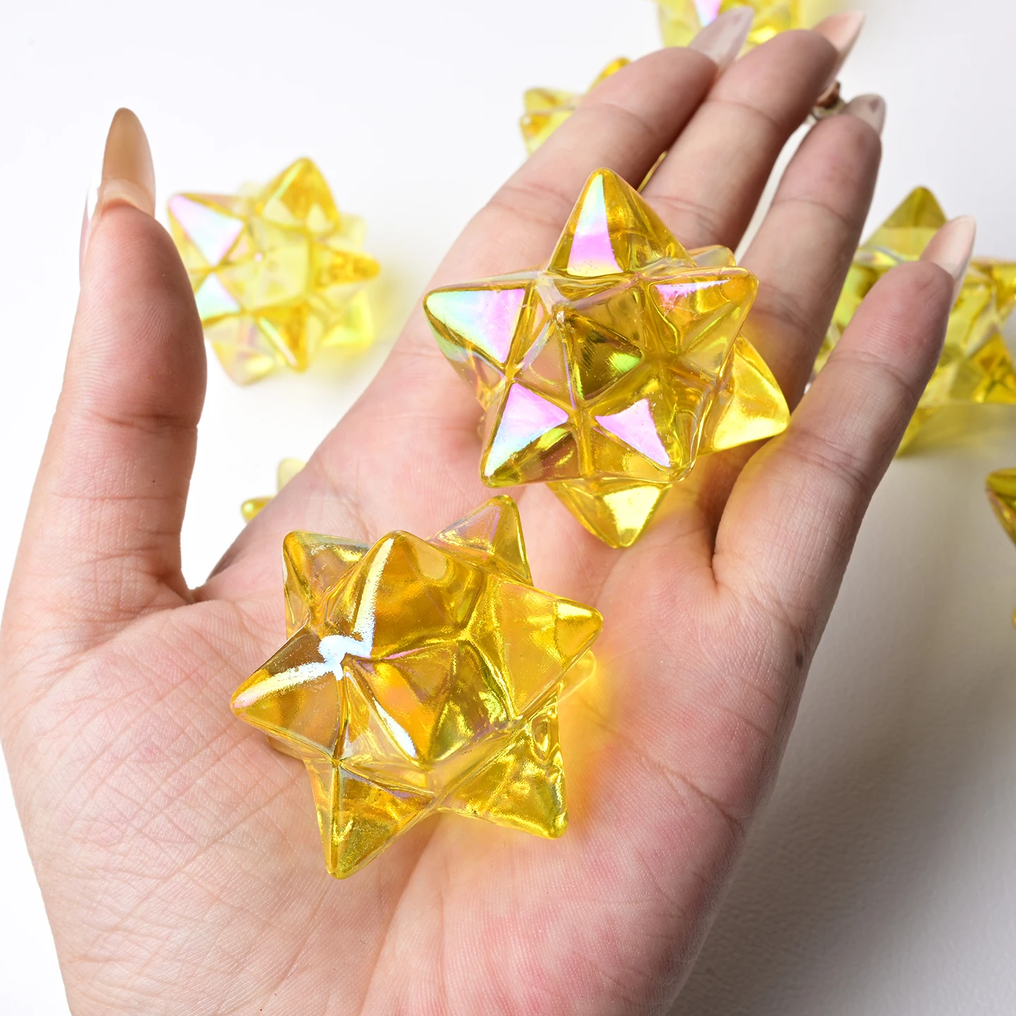 1 piece - Merkaba star that looks like quartz - rainbow halo yellow mineral specimen with 6 facets and Hebrew name gemstone