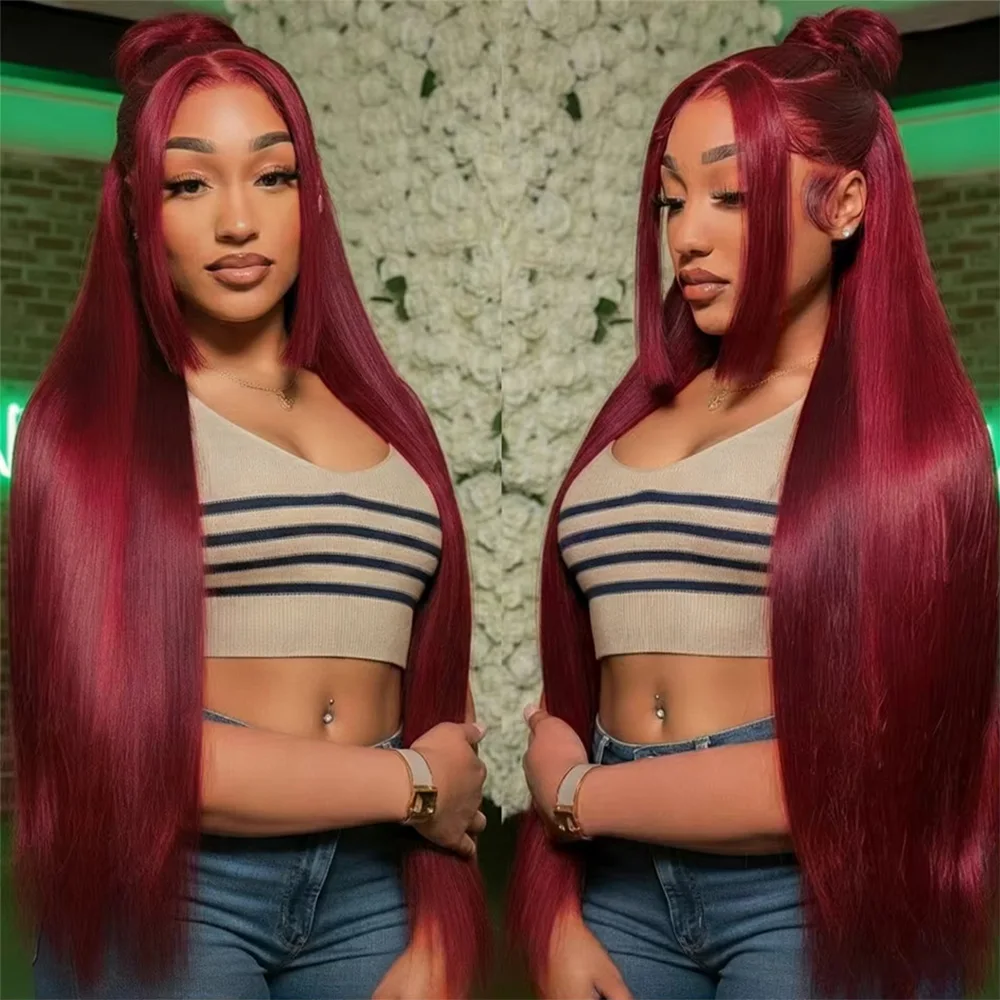 

#99J Burgundy Straight synthetic wig Wigs 13X6 HD Lace Frontal Wig 220 Density Colored Pre Plucked Brazilian Hair Lace Frontal Wig