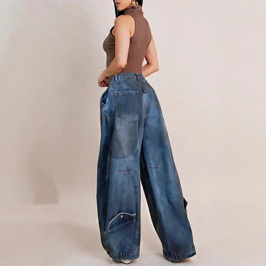 Y2K Women Loose Denim Jeans Asymmetric Button Pocket Washed Jean Casual Harajuku High Street Grunge Denim Trouders Pants