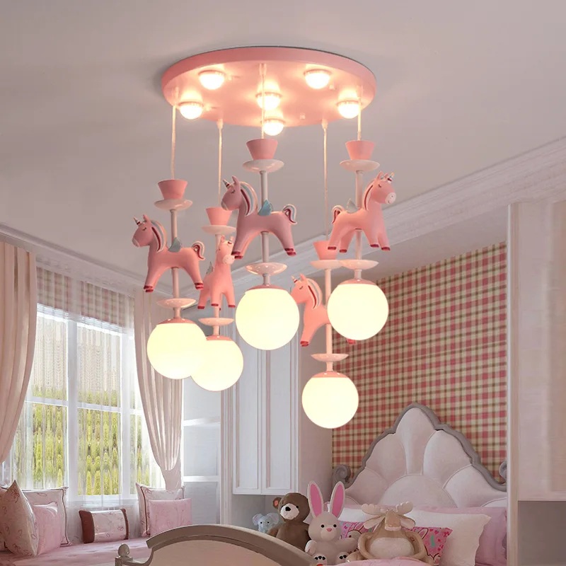 Children's Room Chandelier Pink Iron Middle Size Adjustable Height Cute Cartoon Design Bedroom
