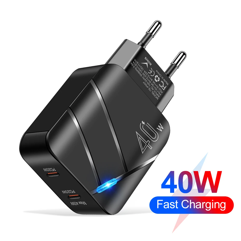 40W PD USB C Dual Ports Fast Charging Charger Type C Wall Adapter For iPhone 15 14 Xiaomi Samsung Quick Charge 3.0 Phone Charger