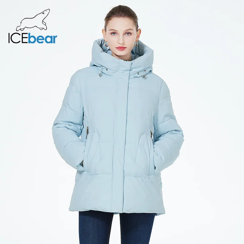 ICEbear 2023 Women\'s Winter Jacket Warm Thicken Short Outwear Windproof Coat Long Sleeve Zipper Parka with Hood GWD3911I