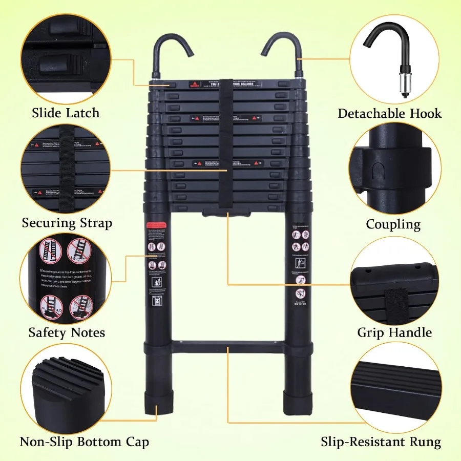 Scala di estensione telescopica telescopica da 16,5 piedi Scala leggera allungabile nera in alluminio per tetto Loft Soffitta Parete RV Interio