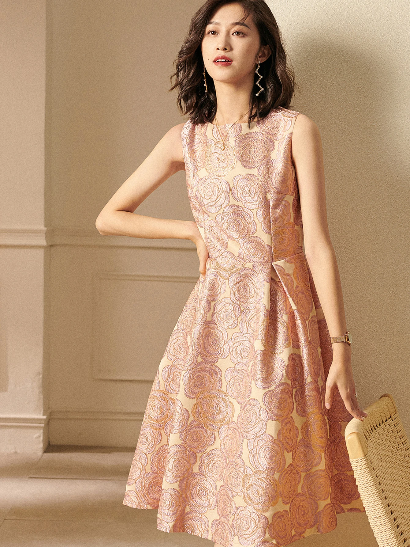 우아한 여성 여름 민소매 자카드 보호 꽃 파티, 빈티지 숙녀 옷, 새로운 볼 가운 드레스