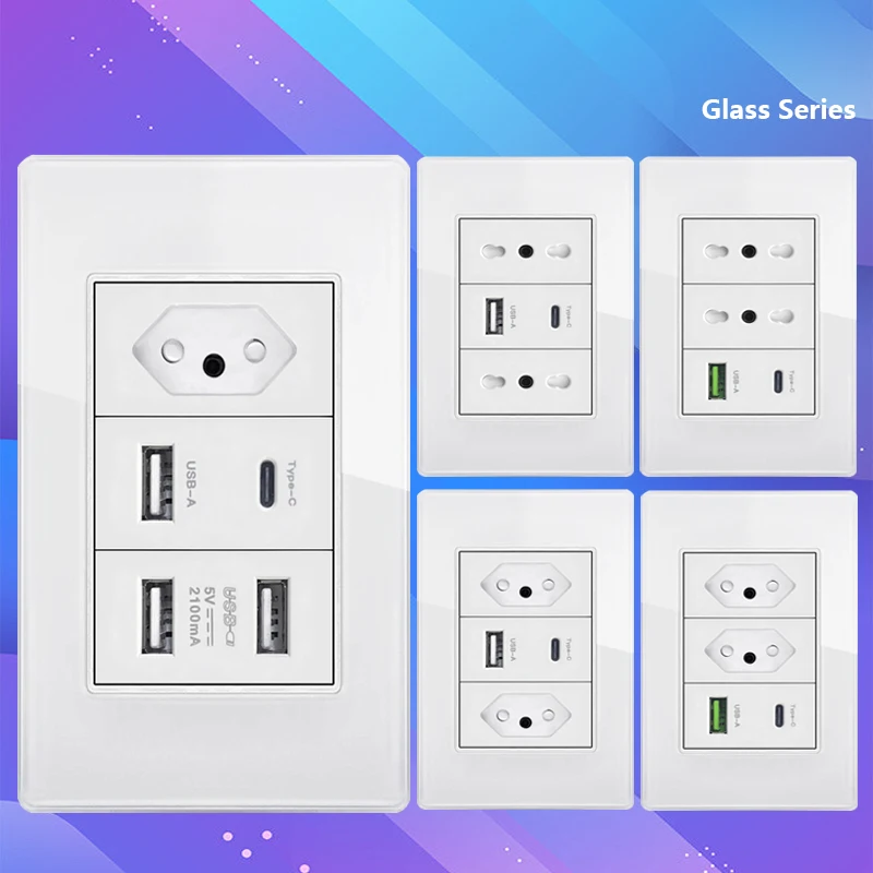 

White Brazil 20A Socket with Usb Type C 10W 20W,Plastic/glass Italian Chilean Plug for Quick Charging Wall USB C Power Outlet