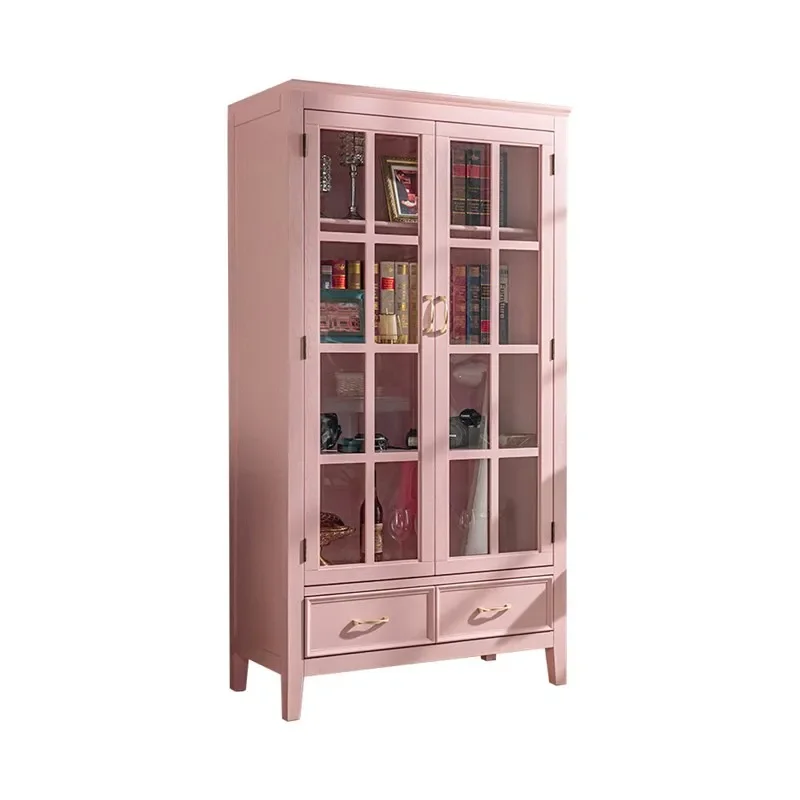 

Dust-proof belt glass door floor-to-ceiling bookshelf, pink storage display high cabinet solid wood